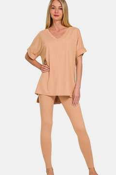 V-Neck Rolled Short Sleeve T-Shirt and Leggings Lounge Set S-3XL