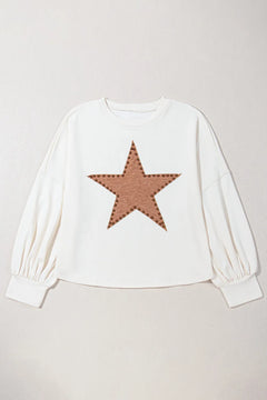 Plus Size Studded Star Round Neck Long Sleeve Blouse