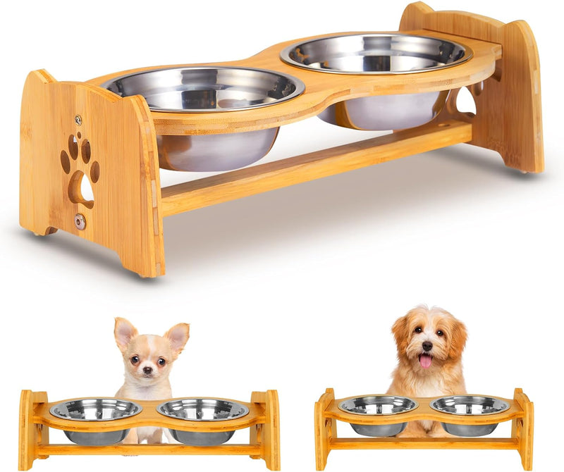 Elevated Dog Bowls for Cats and Dogs, Adjustable Bamboo Raised Dog Bowls for Small Dog, Food and Water Set Stand Feeder with 2 Stainless Steel Bowls and anti Slip Feet (Height 4