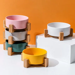 Ceramic Double Food & Water Bowls with Wood Stand – No Spill Feeder for Dogs & Cats