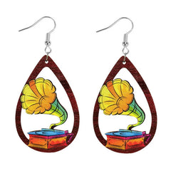 Hand-Painted Rock Guitar Wooden Earrings Valentine's Day Retro Ethnic Wind Phonograph Harp Music Water Drop Earrings Wholesale