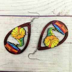 Hand-Painted Rock Guitar Wooden Earrings Valentine's Day Retro Ethnic Wind Phonograph Harp Music Water Drop Earrings Wholesale