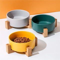 Ceramic Double Food & Water Bowls with Wood Stand – No Spill Feeder for Dogs & Cats