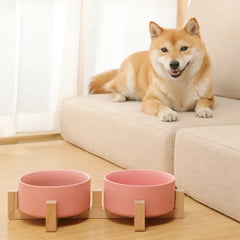 Ceramic Double Food & Water Bowls with Wood Stand – No Spill Feeder for Dogs & Cats