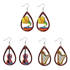 Hand-Painted Rock Guitar Wooden Earrings Valentine's Day Retro Ethnic Wind Phonograph Harp Music Water Drop Earrings Wholesale