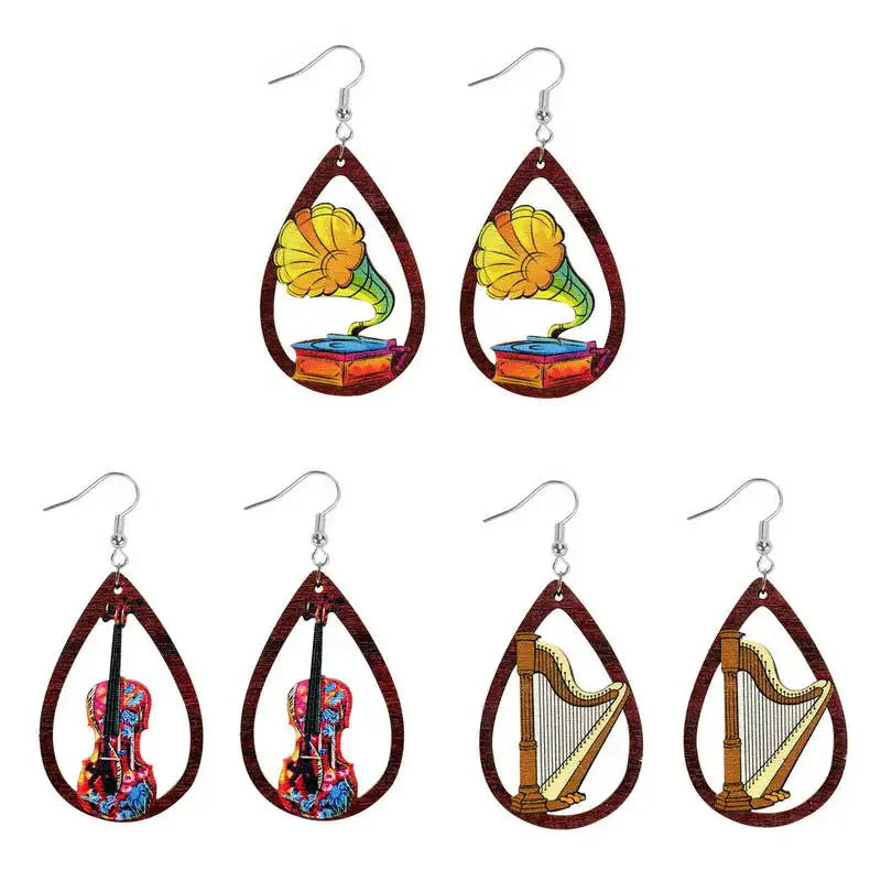 Hand-Painted Rock Guitar Wooden Earrings Valentine's Day Retro Ethnic Wind Phonograph Harp Music Water Drop Earrings Wholesale