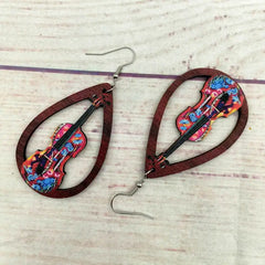Hand-Painted Rock Guitar Wooden Earrings Valentine's Day Retro Ethnic Wind Phonograph Harp Music Water Drop Earrings Wholesale