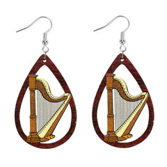 Hand-Painted Rock Guitar Wooden Earrings Valentine's Day Retro Ethnic Wind Phonograph Harp Music Water Drop Earrings Wholesale