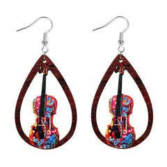 Hand-Painted Rock Guitar Wooden Earrings Valentine's Day Retro Ethnic Wind Phonograph Harp Music Water Drop Earrings Wholesale