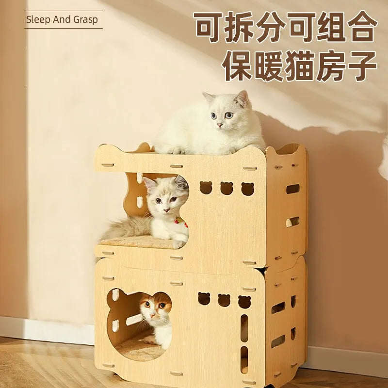 Four Seasons General Winter Warm Cat House Villa, Scratch Board, Double Layer Pet Nest