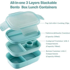 3 Layers Stackable Bento Lunch Container with Utensils 1900ml Large Capacity Lunch Box Leak-Proof Portable for Dining Out  Work