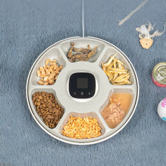 Automatic cat feeder, pet dry food smart dispenser triple storage, with stainless steel bowl and spinner lid with Six meals