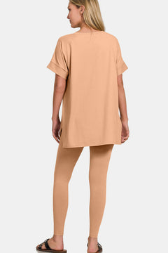 V-Neck Rolled Short Sleeve T-Shirt and Leggings Lounge Set S-3XL