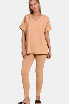 V-Neck Rolled Short Sleeve T-Shirt and Leggings Lounge Set S-3XL